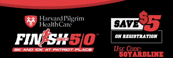 $5 off your registration for the Harvard Pilgrim Finish at the 50 10k and 5k with Coupon Code: 50YARDLINE. Event Date: Tuesday, July 3. 