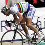 Belgian pro Tom Boonen demonstrates proper sprinting form as he crosses the finish at the 2006 Paris Roubaix cycling race.  Credit: Francois Lo Presti<br>AFP/Getty Images